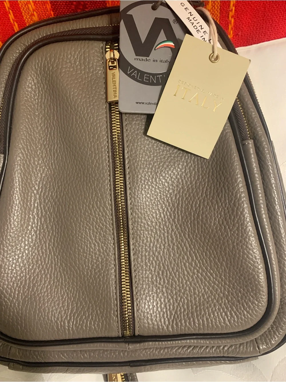 New Valentina Taupe Pebbled Leather Mini Backpack with Gold Hardware
